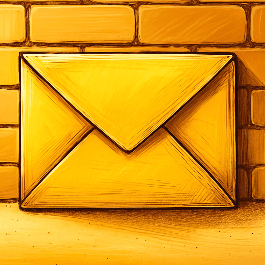 Sobre de correo amarillo y blanco con fondo claro, ilustrado en estilo moderno.