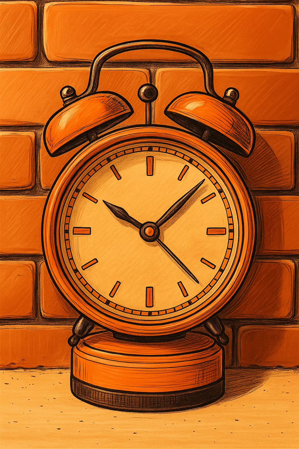 Ilustración de un reloj naranja dibujado a mano, representando el horario comercial.