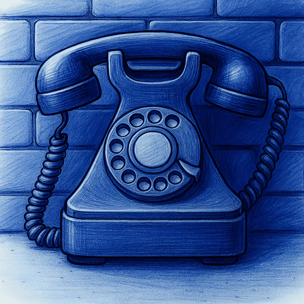 Ilustración de un teléfono de estilo retro sobre fondo azul, en formato digital.