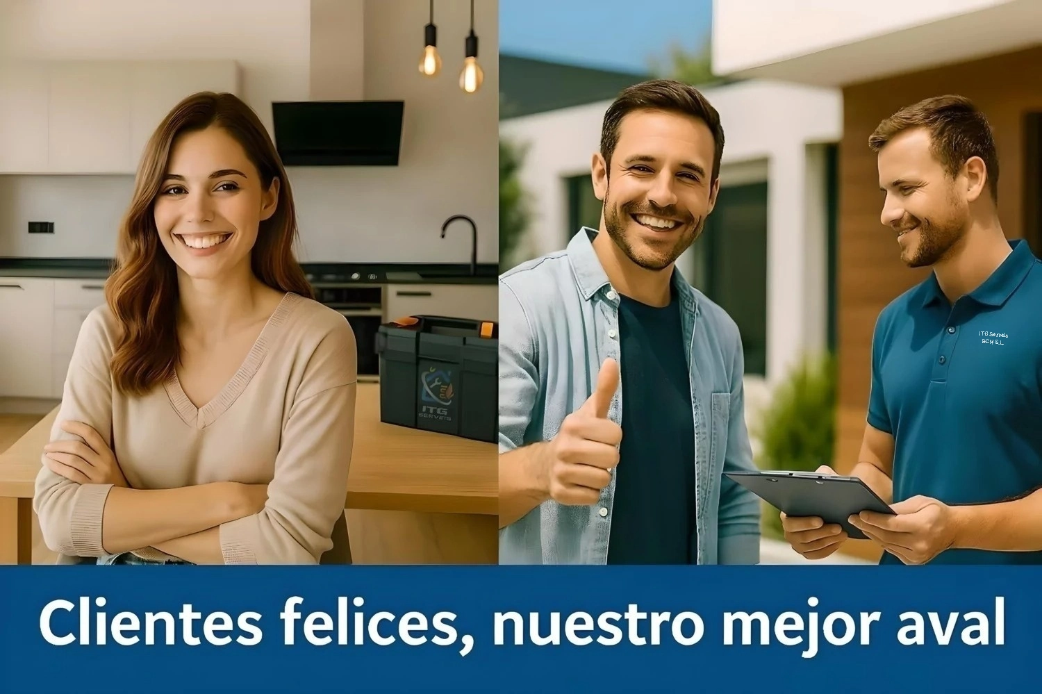 Dos clientes satisfechos sonríen con confianza tras recibir servicios de ITG Serveis, mostrando agradecimiento y felicidad.