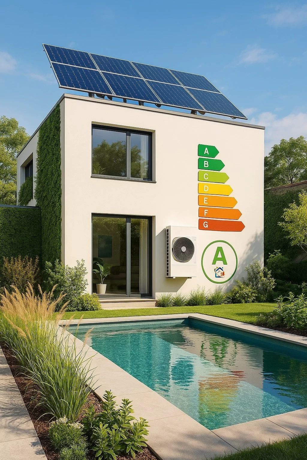 Edificio moderno y ecoeficiente con paneles solares en la azotea, bomba de calor aerotérmica y piscina sostenible rodeado de vegetación y muros verdes.