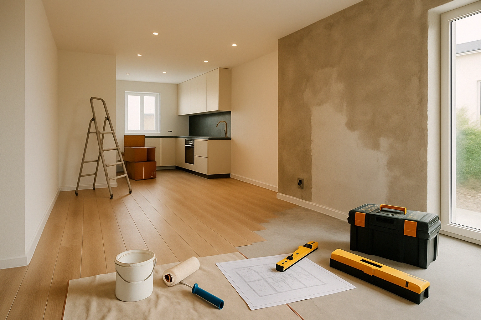Interior de vivienda en proceso de reforma con suelos levantados, paredes parcialmente pintadas y herramientas distribuidas ordenadamente, en un entorno moderno y luminoso.