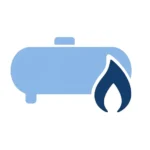 Icono de un depósito horizontal de gas con llama azul, sobre fondo blanco.