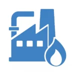 Icono de una planta industrial con tubería y símbolo de llama.