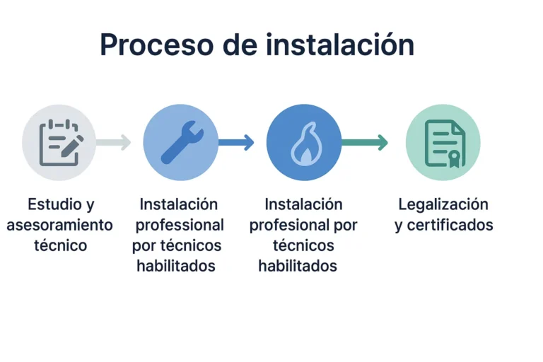 Infografía del proceso de instalación en cinco pasos, con iconos que representan cada etapa, desde el asesoramiento técnico hasta la legalización del sistema.