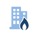 Icono azul de un edificio de vecinos con una llama de gas en primer plano.