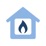Icono azul de una casa con una llama de gas en el interior, representando instalaciones individuales de gas.