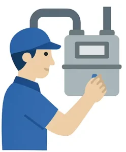 Técnico revisando un contador de gas con uniforme azul y gorra, ilustración plana.
