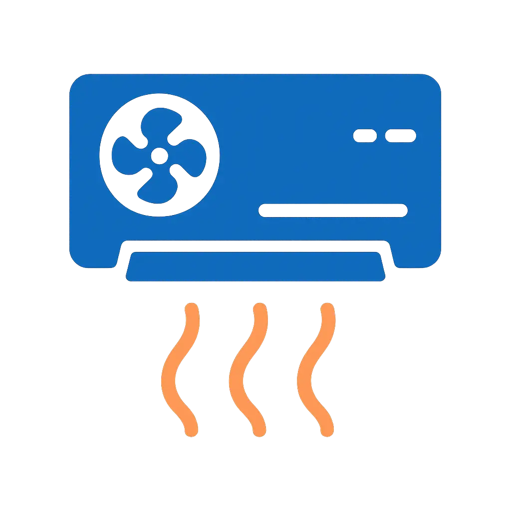 Icono vectorial azul de unidad split de aire acondicionado con líneas de enfriamiento.