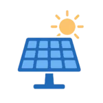 Icono azul con panel solar y sol amarillo, simbolizando generación de electricidad.