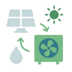 Icono vectorial verde que combina panel solar, sol, ventilador y gota de agua.