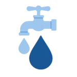 Icono de grifo con gotas de agua en azul claro y oscuro, representando instalaciones de suministro.