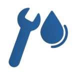 Icono de llave inglesa junto a una gota de agua azul, representando reparación de fugas.
