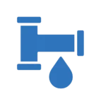 Icono de tubería horizontal azul con una gota descendente, representando un sistema de evacuación.
