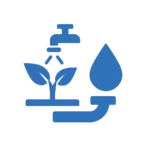Icono azul con grifo, gota y planta, representando un sistema de riego automático.