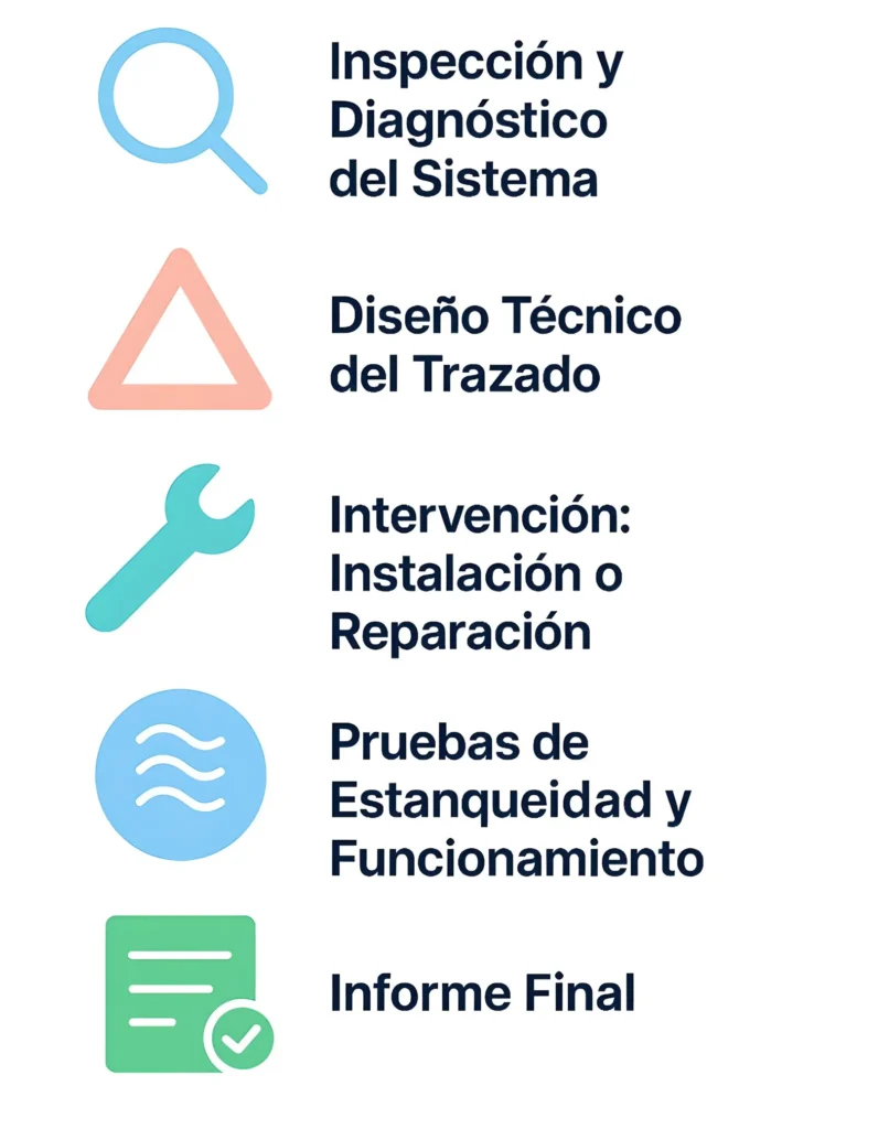 Infografía vertical del proceso de instalación de redes de saneamiento.
