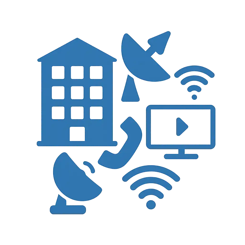 Icono de edificio rodeado de antenas parabólicas, señal WiFi, monitor y símbolo de teléfono.