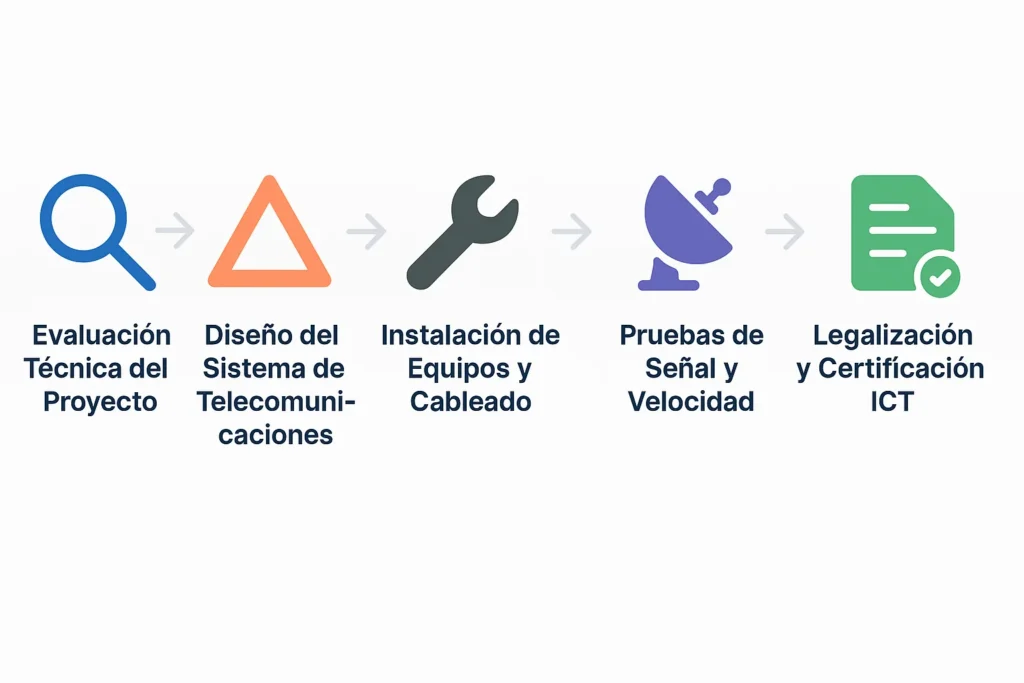 Infografía horizontal en cinco pasos representada con iconos de lupa, triángulo, llave inglesa, antena parabólica y documento con check. Muestra el proceso de trabajo para instalaciones de telecomunicaciones ICT.