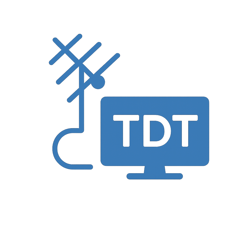 Icono de antena TDT junto a una pantalla con el texto “TDT”.
