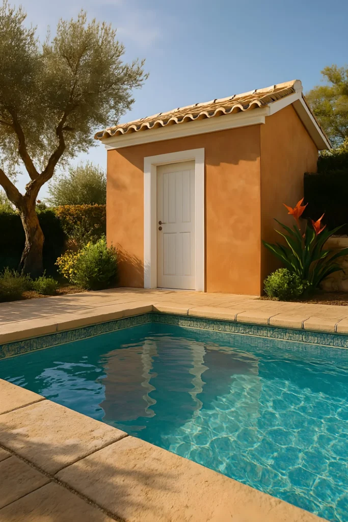Cobertizo de obra en tonos ocres con puerta blanca, techo de teja y piscina exterior con revestimiento decorativo.