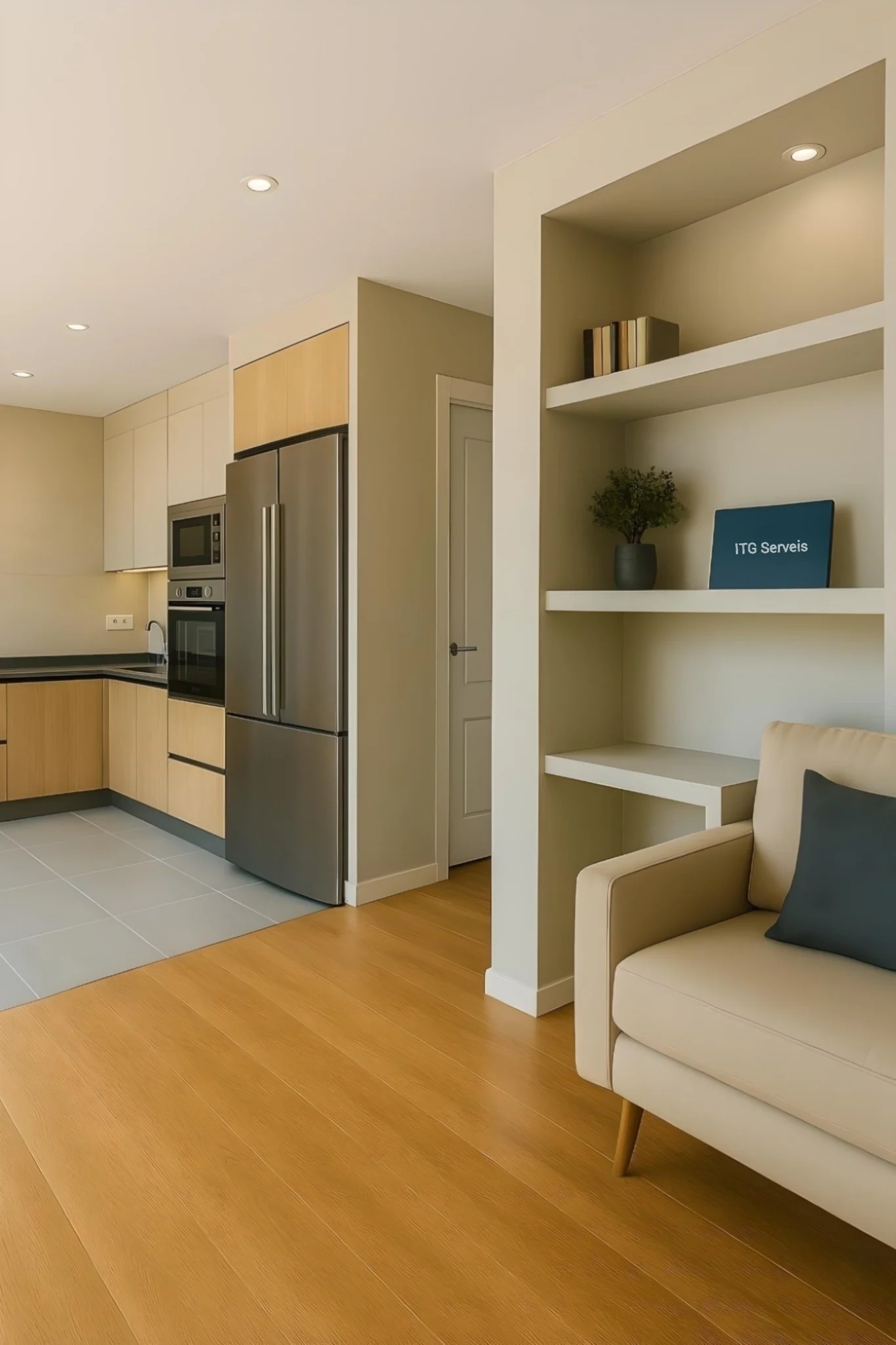 Reforma de cocina comedor moderna con estantería de obra integrada y acabados en tonos cálidos.