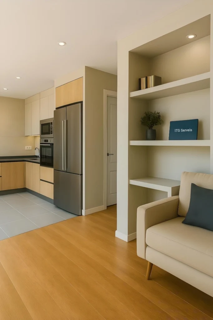 Reforma de cocina comedor moderna con estantería de obra integrada y acabados en tonos cálidos.