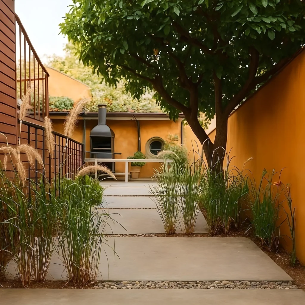 Patio exterior con sendero de hormigón, vegetación ornamental y paredes pintadas en tonos ocres.