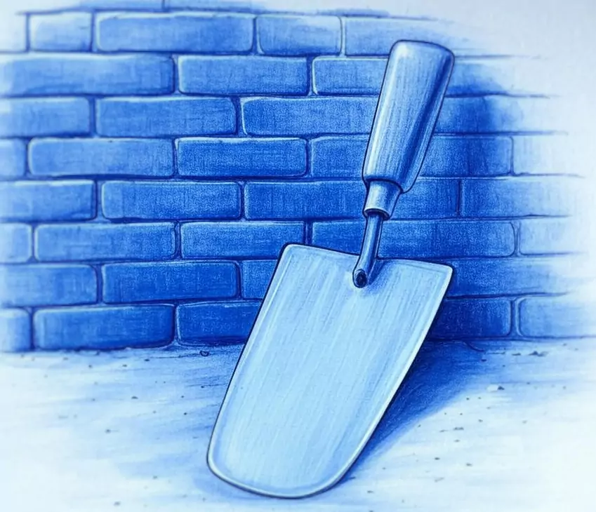 Paleta de albañilería junto a un muro de ladrillo – Herramienta esencial en construcción y reformas estructurales.