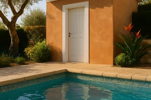 Cobertizo de obra en tonos ocres con puerta blanca, techo de teja y piscina exterior con revestimiento decorativo.