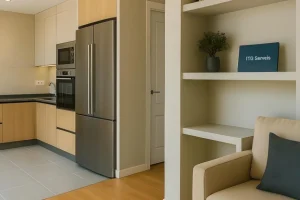 Reforma de cocina comedor moderna con estantería de obra integrada y acabados en tonos cálidos.
